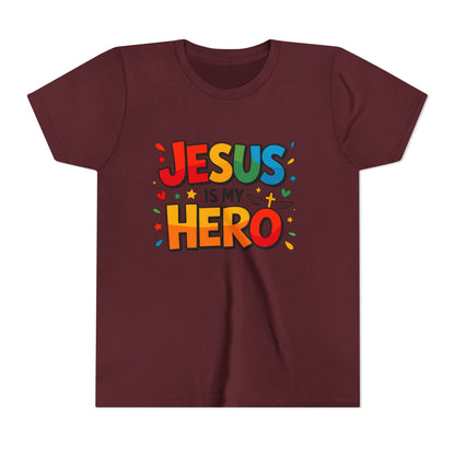 Youth Tee — "Jesus Is My Hero" Colorful Kids Christian T-Shirt