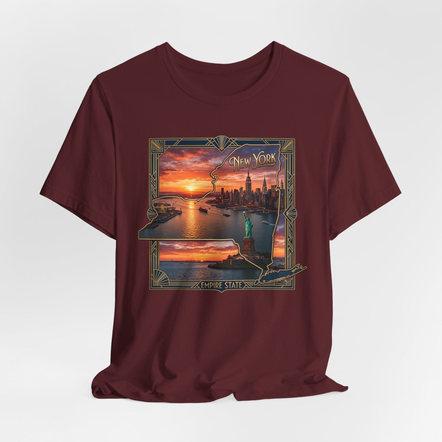 New York Sunset Skyline Tee — Statue of Liberty Vintage Travel T‑Shirt