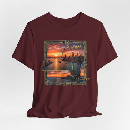 New York Sunset Skyline Tee — Statue of Liberty Vintage Travel T‑Shirt
