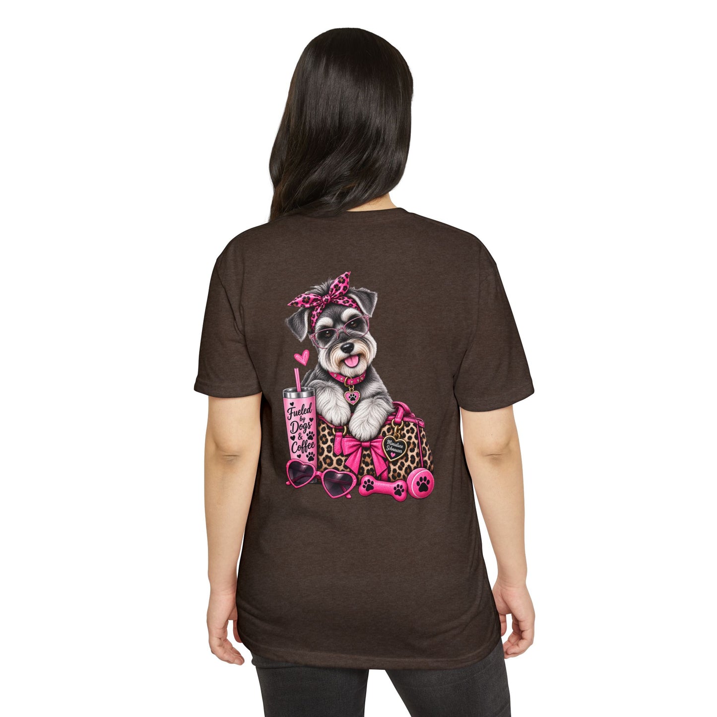Schnauzer Fashion Tee — Cute Dog with Leopard Bag & 'Faith, Dog, Coffee' Design