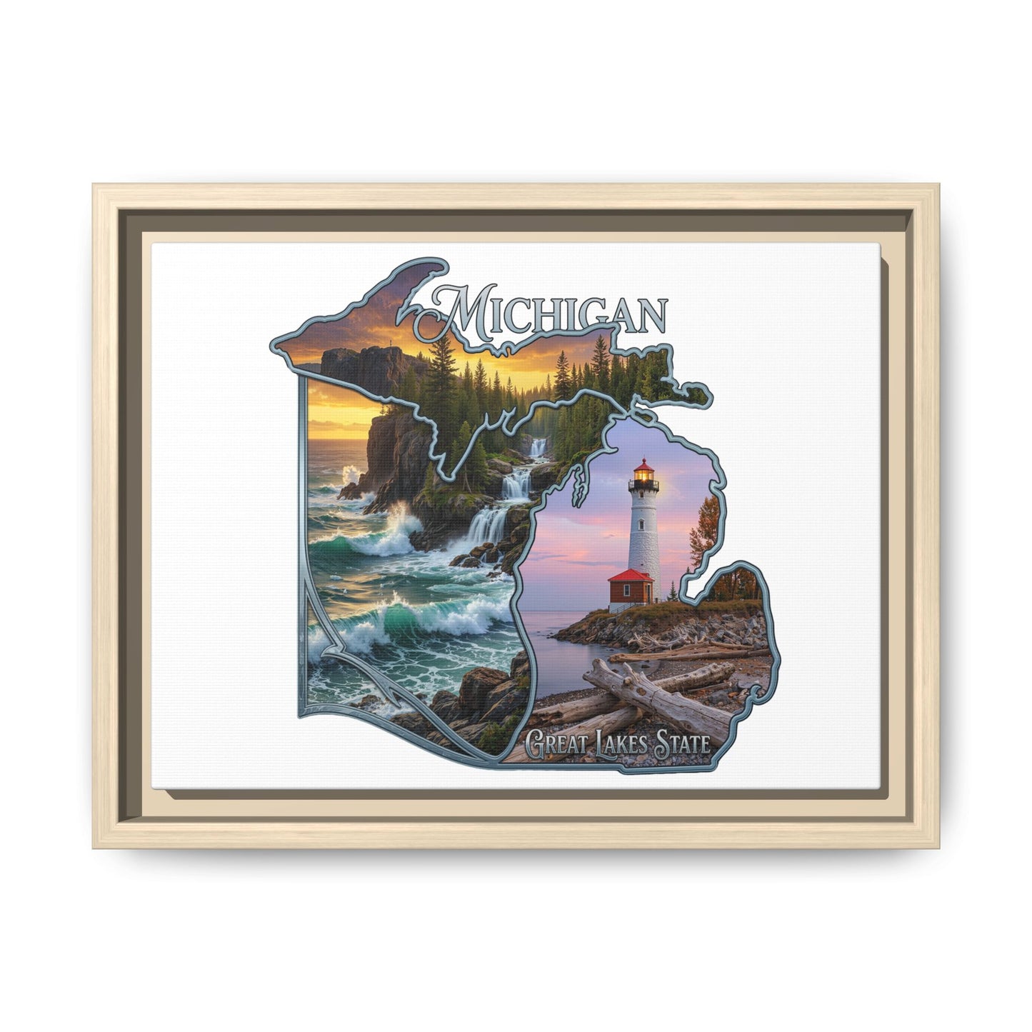 Michigan Framed Canvas Wall Art — Great Lakes State Lighthouse & Shoreline Print