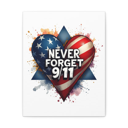 Never Forget 9/11 American Flag Heart Stretched Canvas