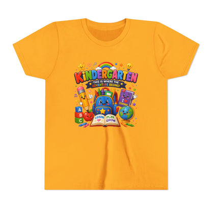 Kindergarten Kids T‑Shirt — 'Kindergarten: This Is Where the Fun Begins' Colorful Back-to-School Tee