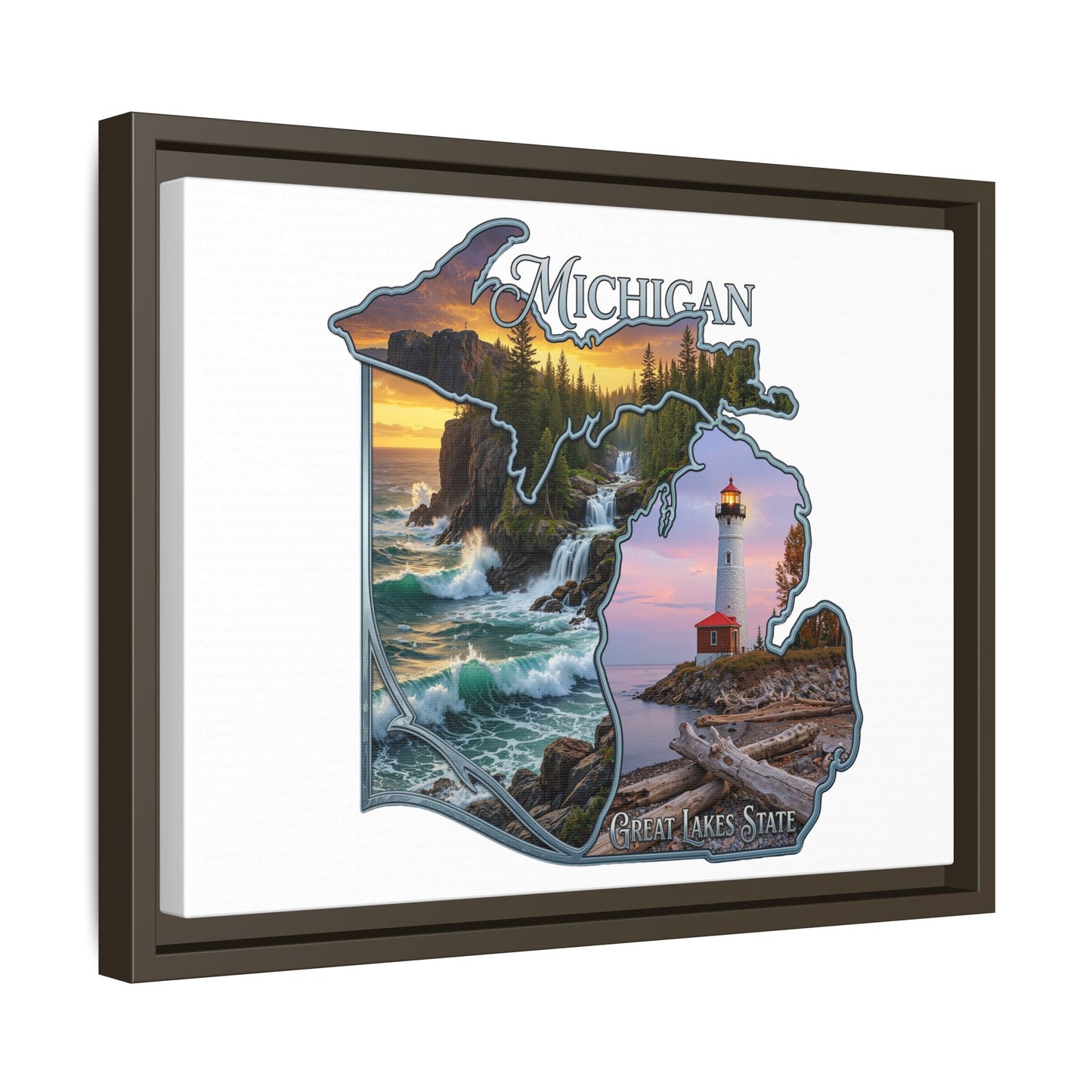 Michigan Framed Canvas Wall Art — Great Lakes State Lighthouse & Shoreline Print