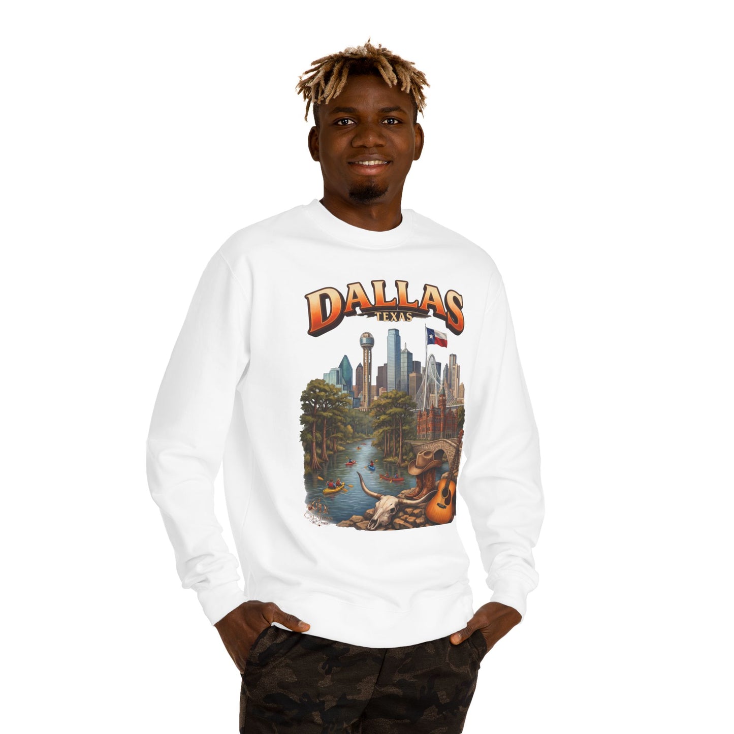 Dallas Skyline Crewneck Sweatshirt — Texas Cityscape & Acoustic Guitar Design