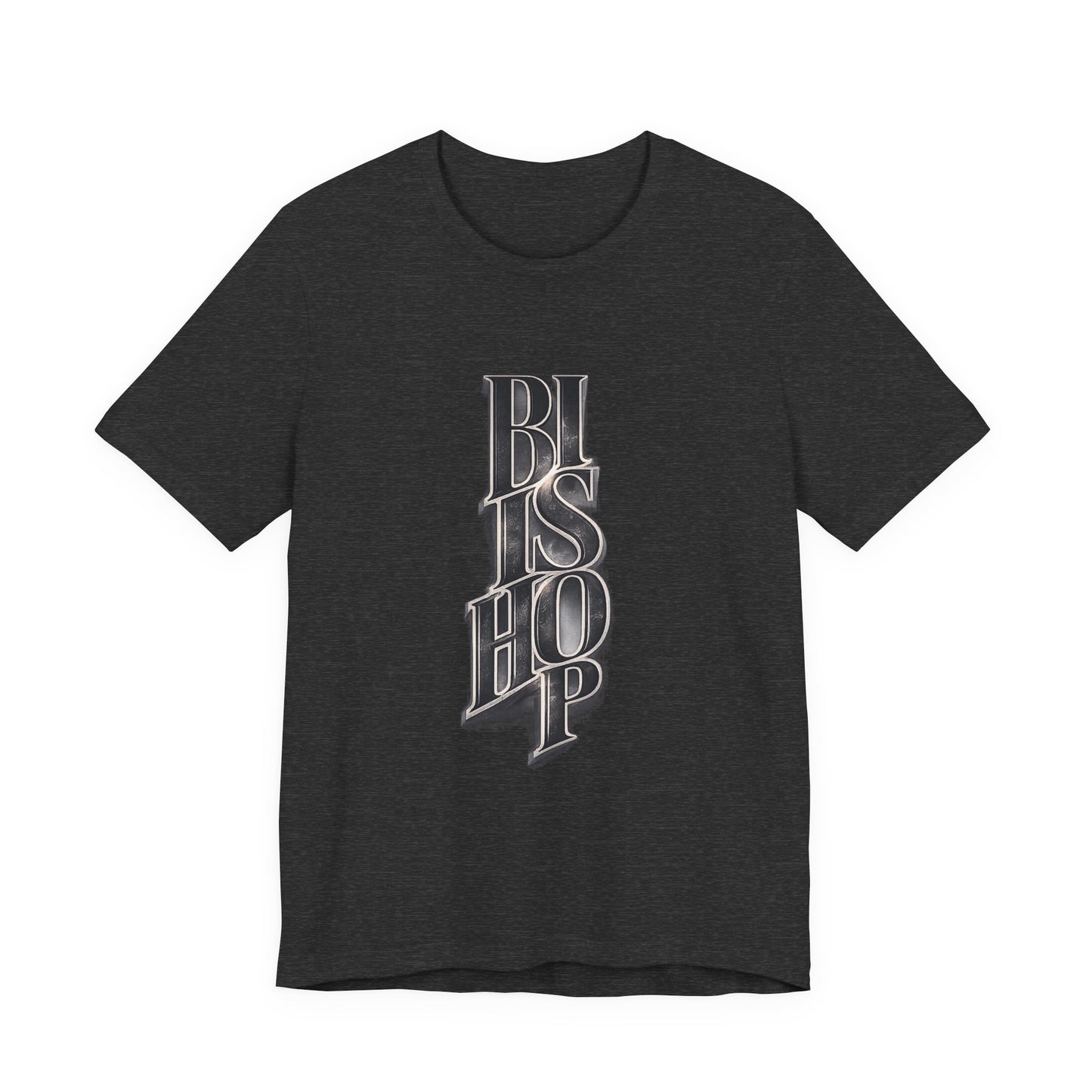 Bishop Vertical Script Tee — Vintage Gothic Lettering T-Shirt
