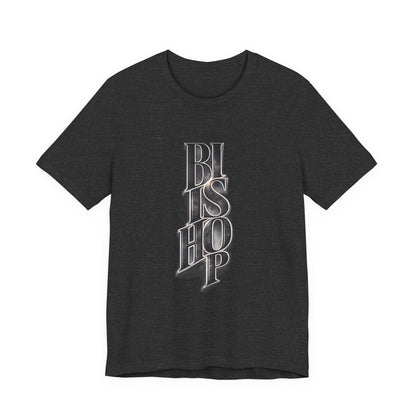 Bishop Vertical Script Tee — Vintage Gothic Lettering T-Shirt