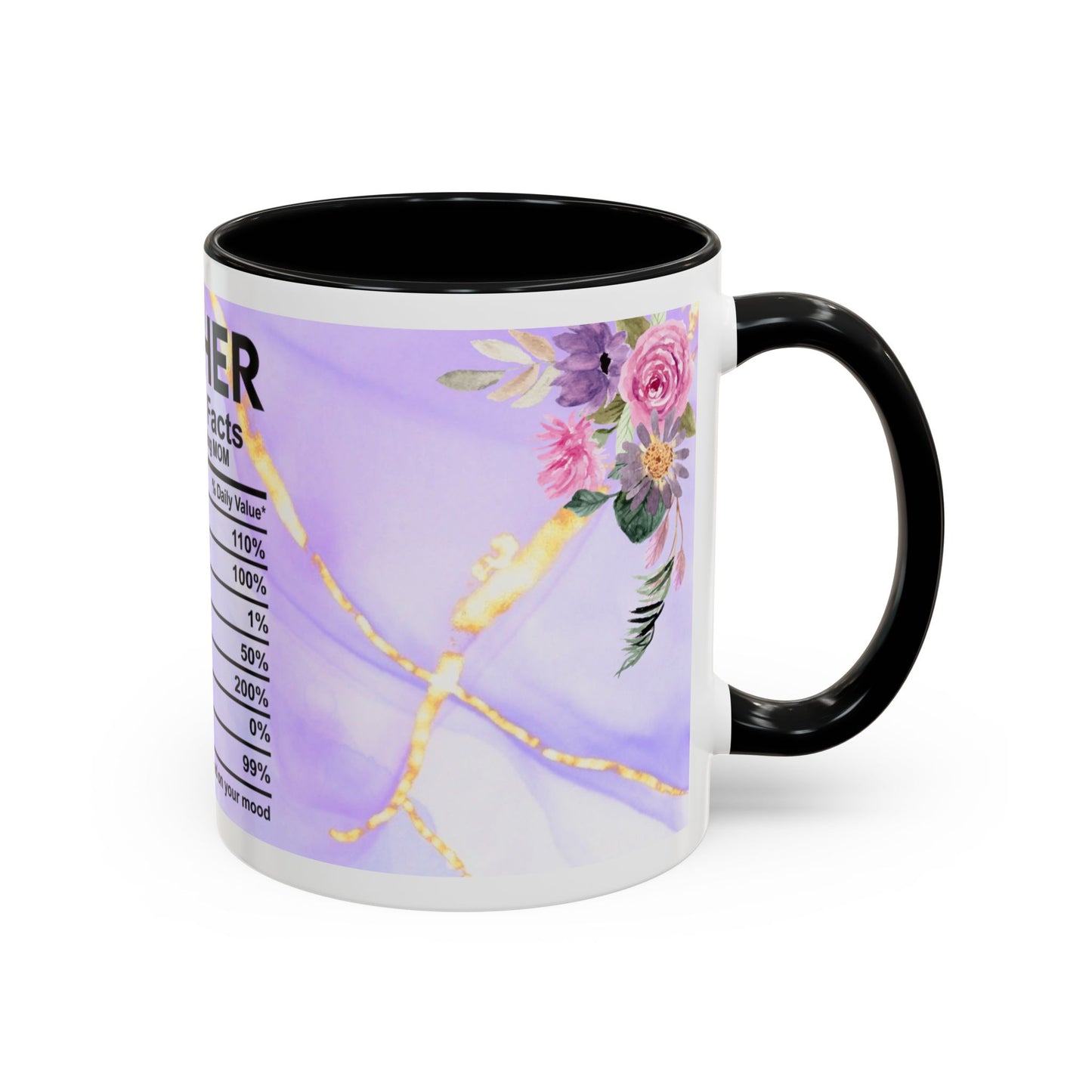 Mother Nutrition Facts Coffee Mug — Floral “Amazing Mom” 11/15oz Accent Mug