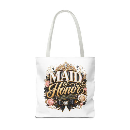 Maid of Honor Tote Bag — Elegant Bridal Party Gift with Gold Crown Floral Design