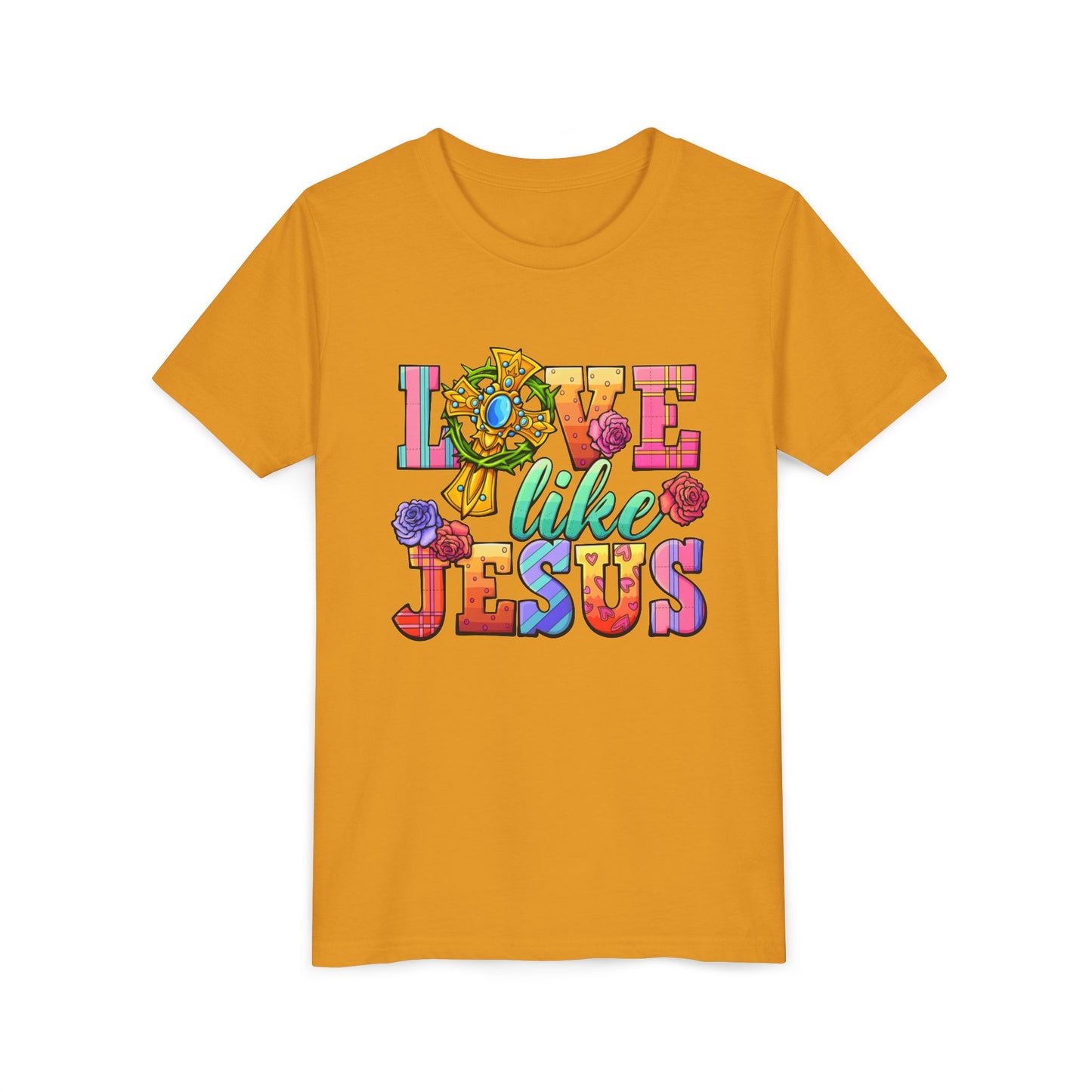 Youth Tee — "Love Like Jesus" Colorful Faith Graphic