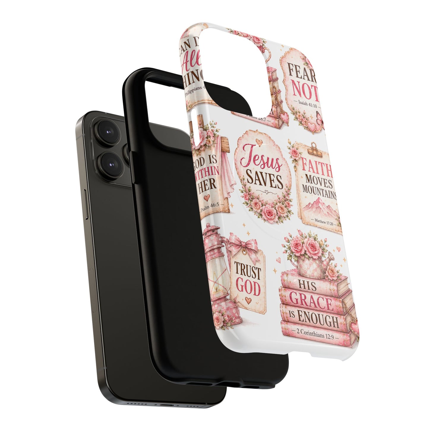 Christian Faith iPhone Tough Magnetic Case — 'Jesus Saves' Floral Scripture Design (Fear Not, Faith Moves Mountains)