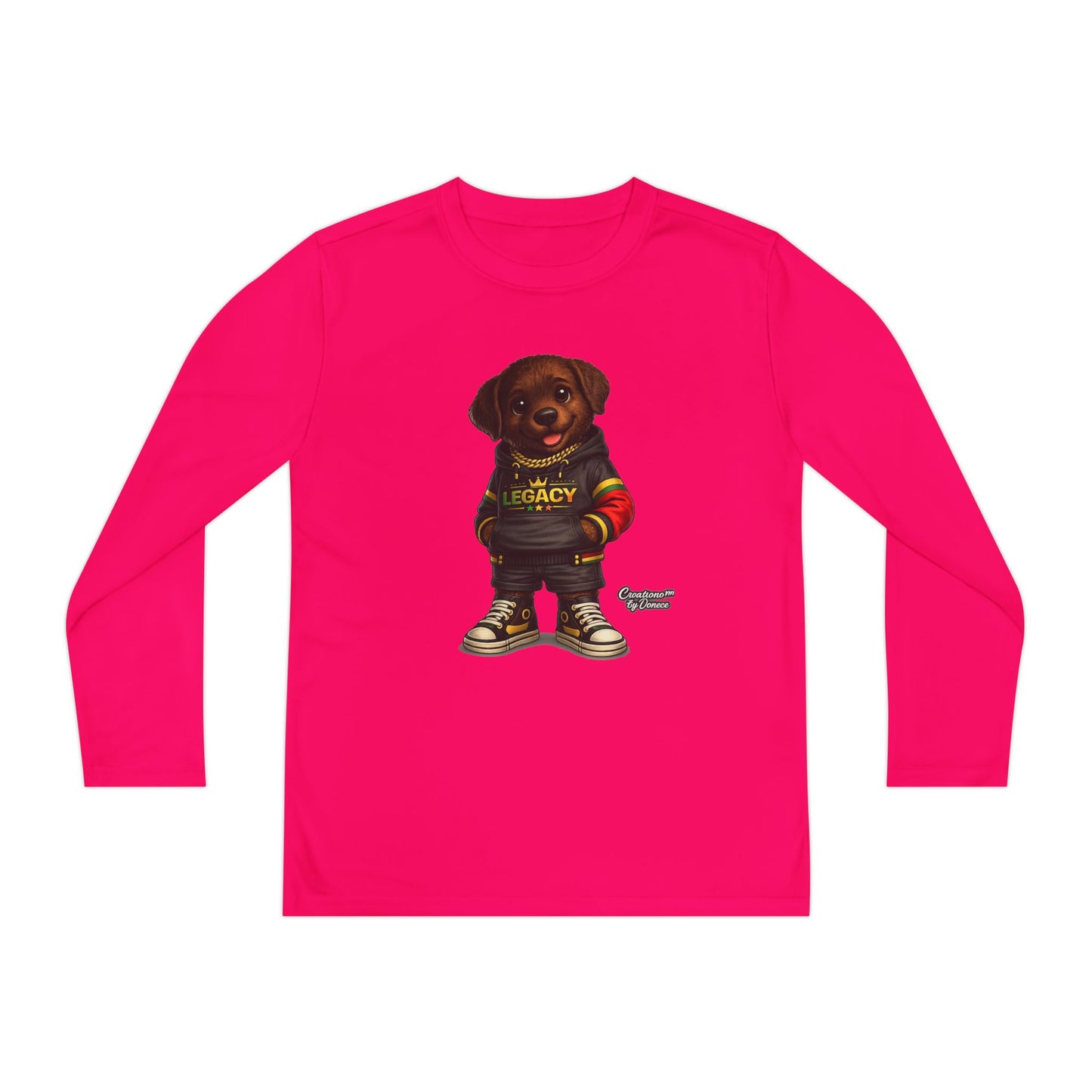 Kids Long Sleeve Tee — Brown Puppy Wearing 'Legacy' Hoodie Graphic