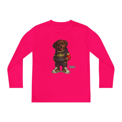 Kids Long Sleeve Tee — Brown Puppy Wearing 'Legacy' Hoodie Graphic