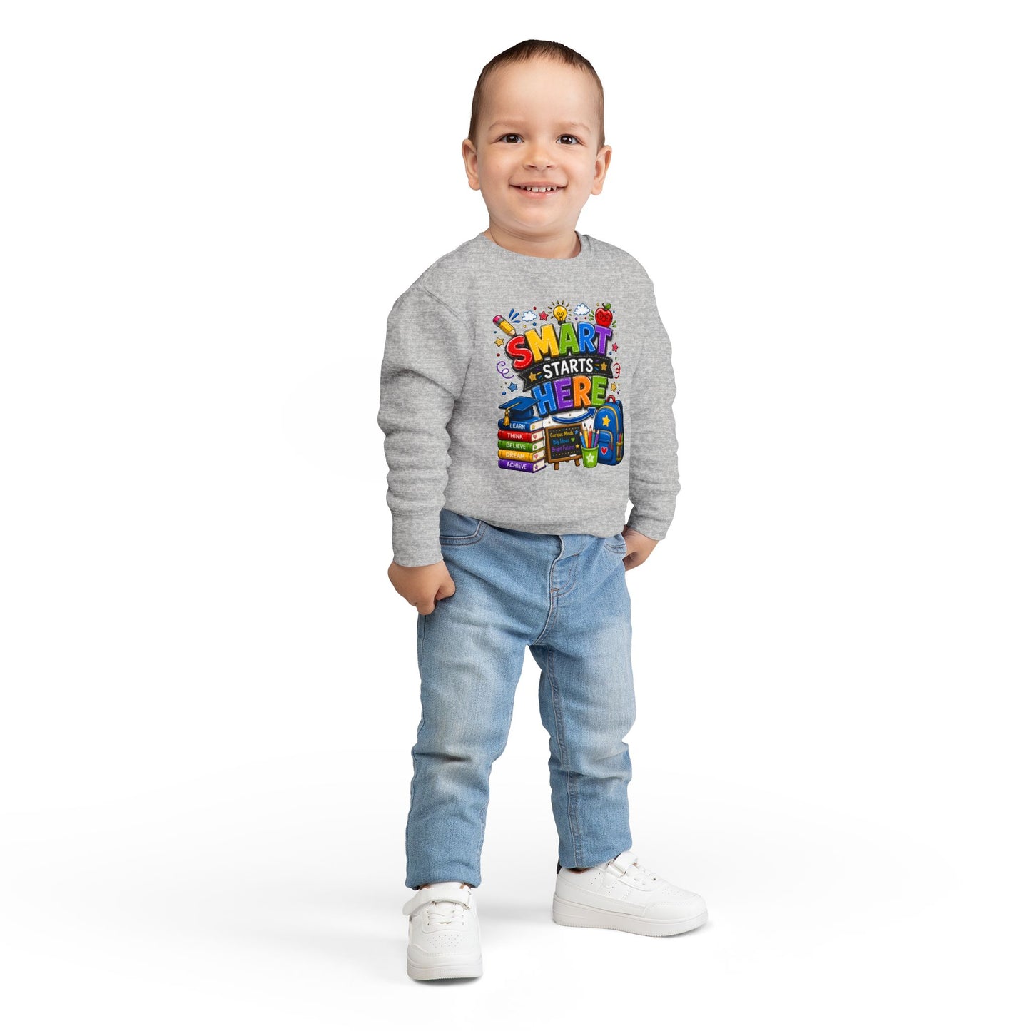 Toddler Sweatshirt — "Smart Starts Here" Back-to-School Kids Crewneck