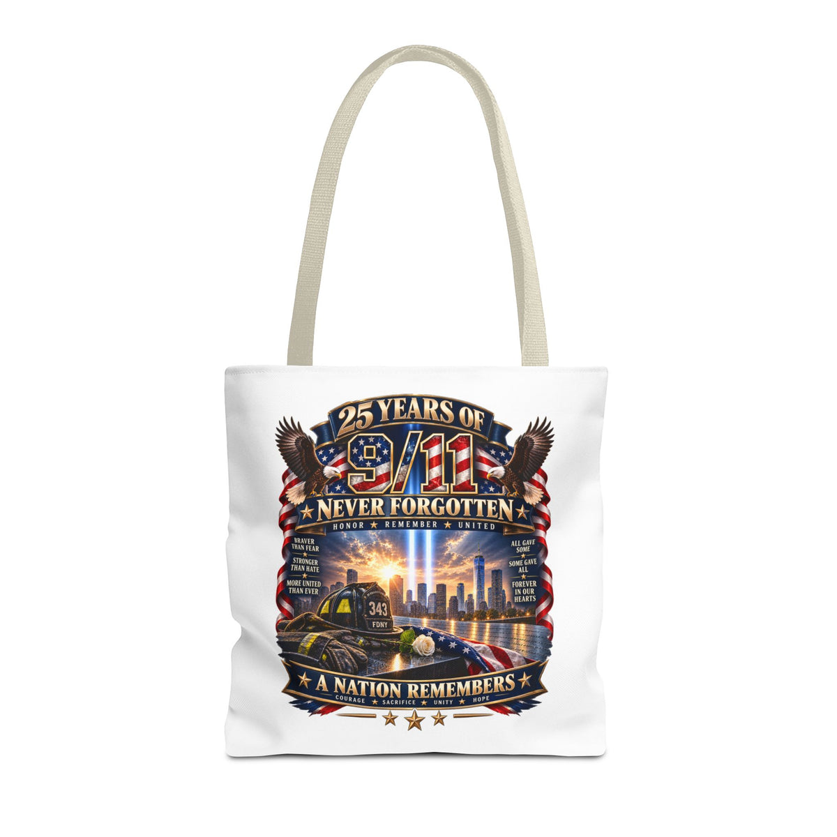 25 Years of 9/11 Never Forgotten Tote Bag – Memorial Tribute AOP