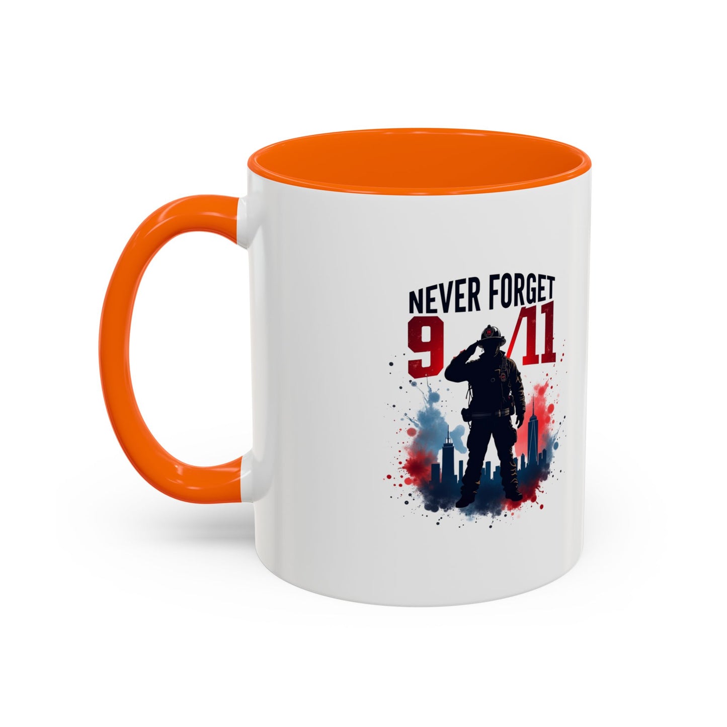 Never Forget 9/11 Accent Coffee Mug — Patriotic Memorial Tribute (11oz, 15oz)