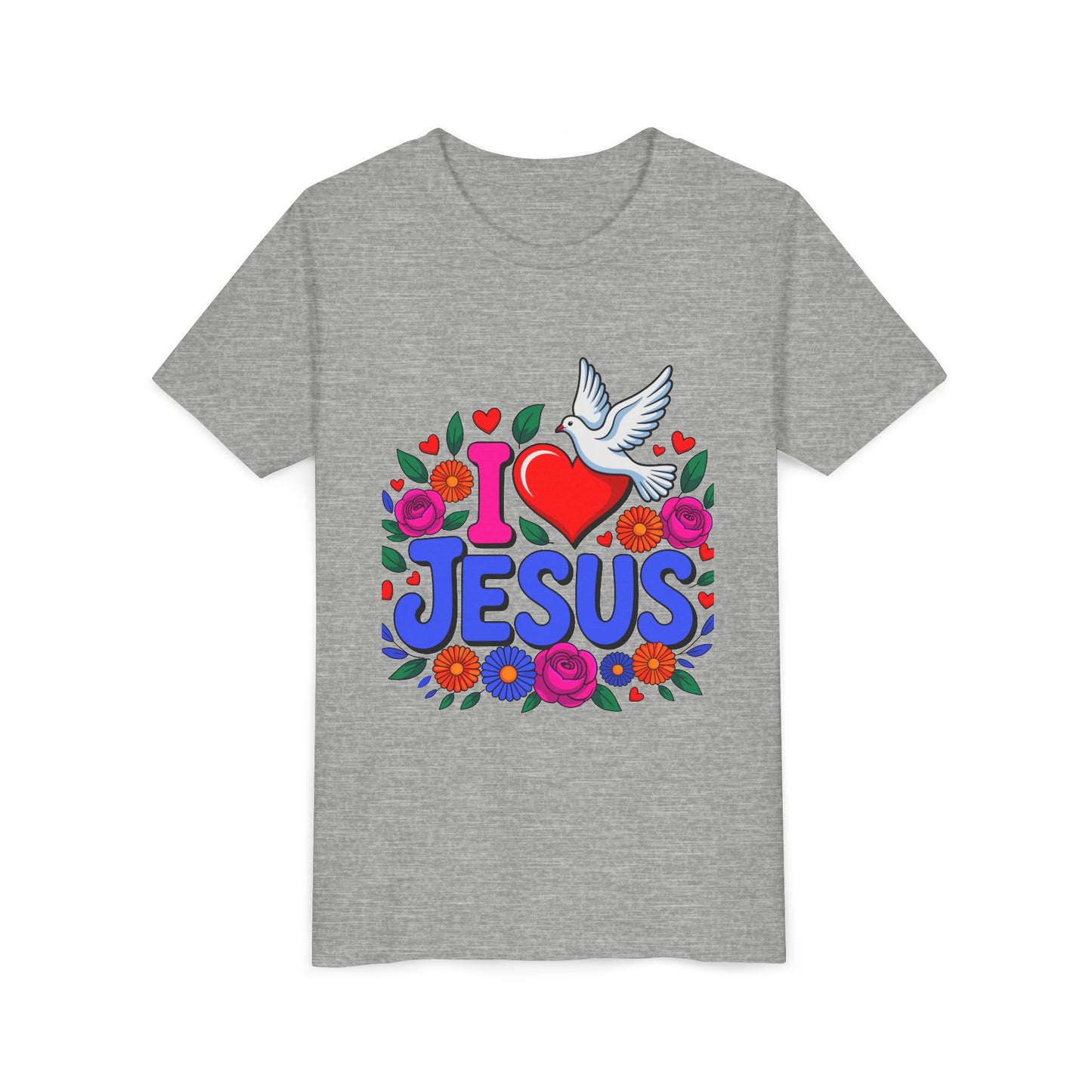 Youth Tee — "I  Jesus" Colorful Dove & Floral Christian Shirt