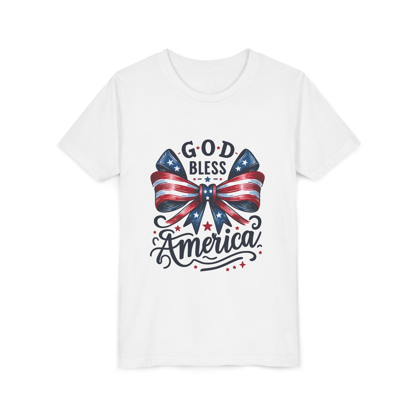 Youth Tee — "God Bless America" Patriotic Bow T-Shirt (4th of July, Memorial Day)