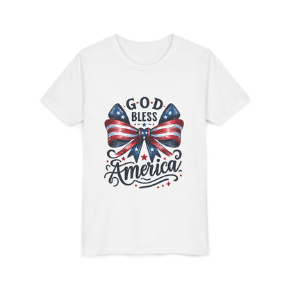 Youth Tee — "God Bless America" Patriotic Bow T-Shirt (4th of July, Memorial Day)