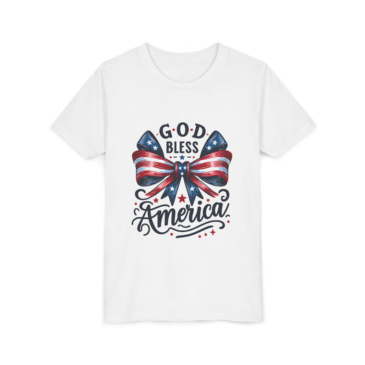 Youth Tee — "God Bless America" Patriotic Bow T-Shirt (4th of July, Memorial Day)