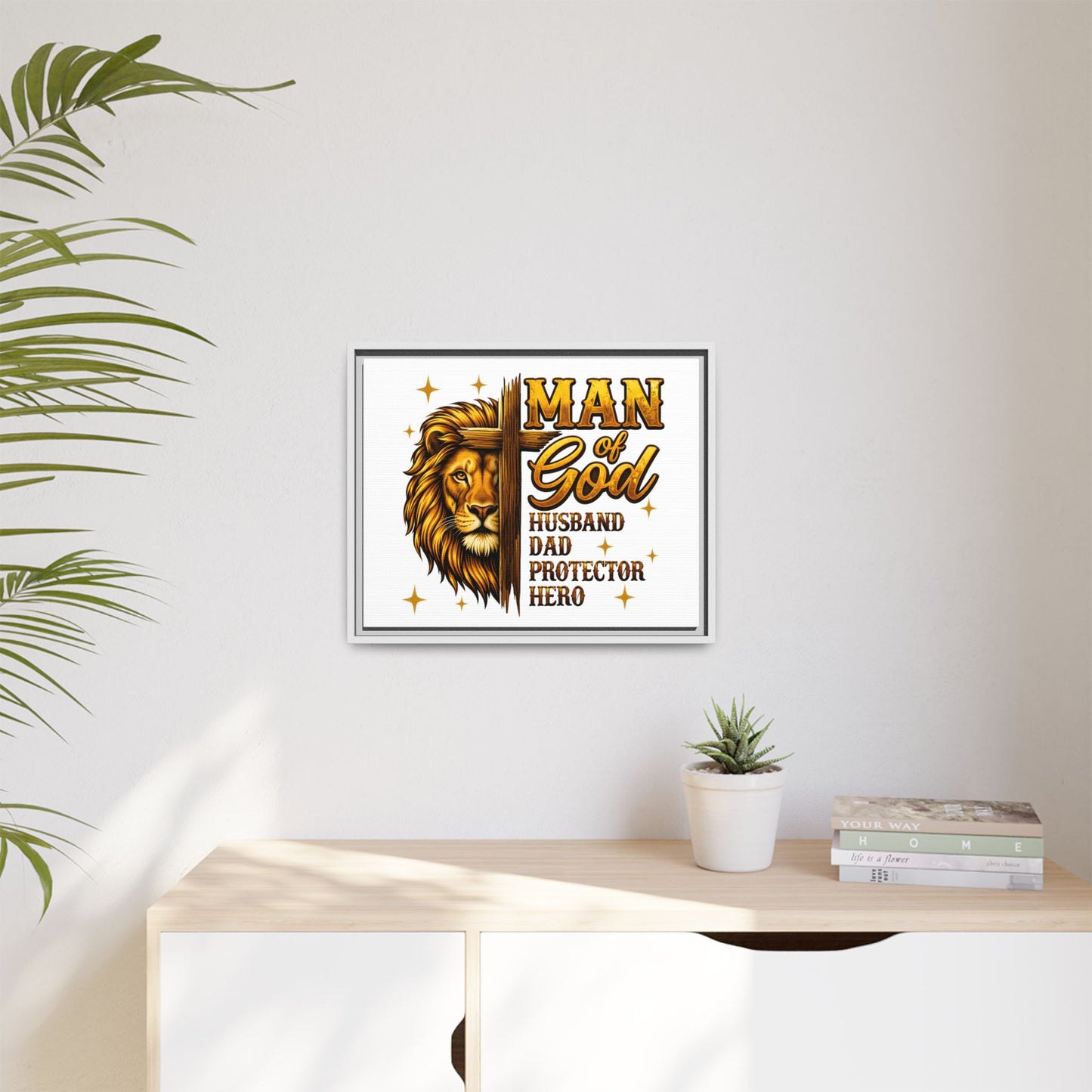 Man of God Framed Canvas Art — 'Man of God: Husband, Dad, Protector, Hero' Religious Wall Decor