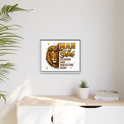 Man of God Framed Canvas Art — 'Man of God: Husband, Dad, Protector, Hero' Religious Wall Decor