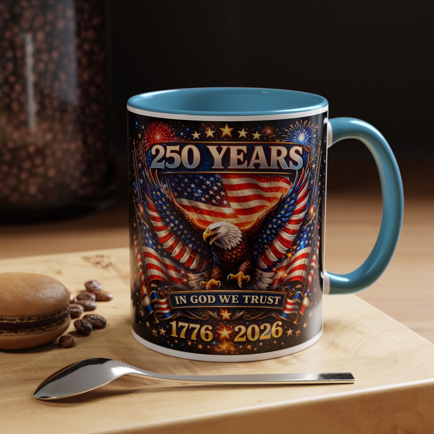 250 Years Patriotic Coffee Mug — In God We Trust 1776–2026