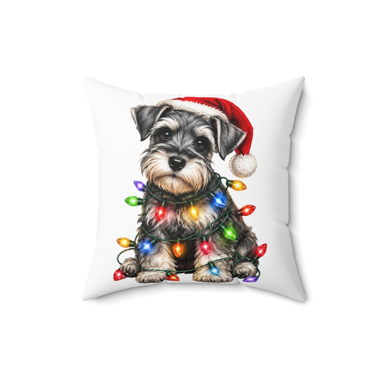 Schnauzer Puppy Christmas Pillow — Festive Dog with Santa Hat & Holiday Lights