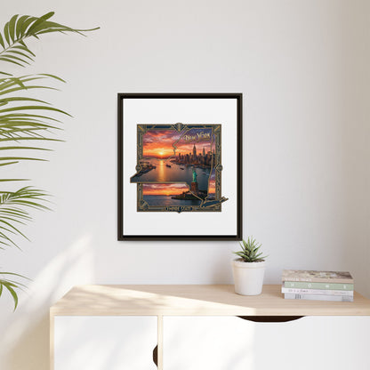 Framed Matte Canvas Wall Art — New York City Sunset Skyline with Statue of Liberty