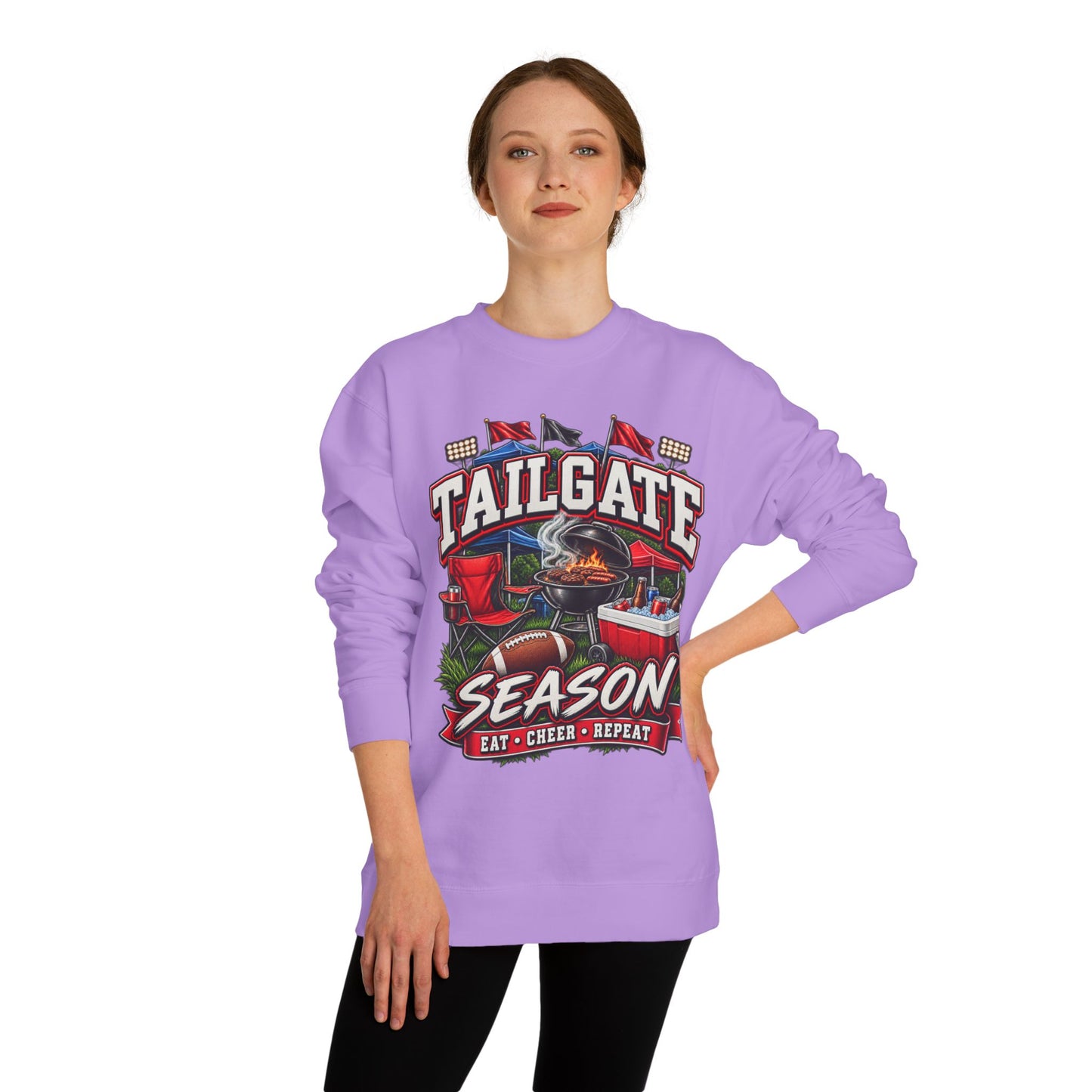 Tailgate Season Sweatshirt — "Eat • Cheer • Repeat" Football Tailgating Crewneck