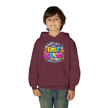 First Grade Hoodie – "Watch Out! First Grade Here I Come" Back-to-School Youth Sweatshirt