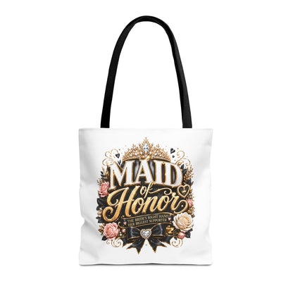 Maid of Honor Tote Bag — Elegant Bridal Party Gift with Gold Crown Floral Design