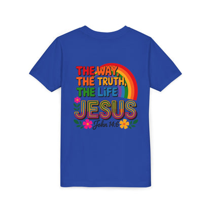 Youth Tee — "The Way, The Truth, The Life" Jesus John 14:6 Rainbow Christian Shirt