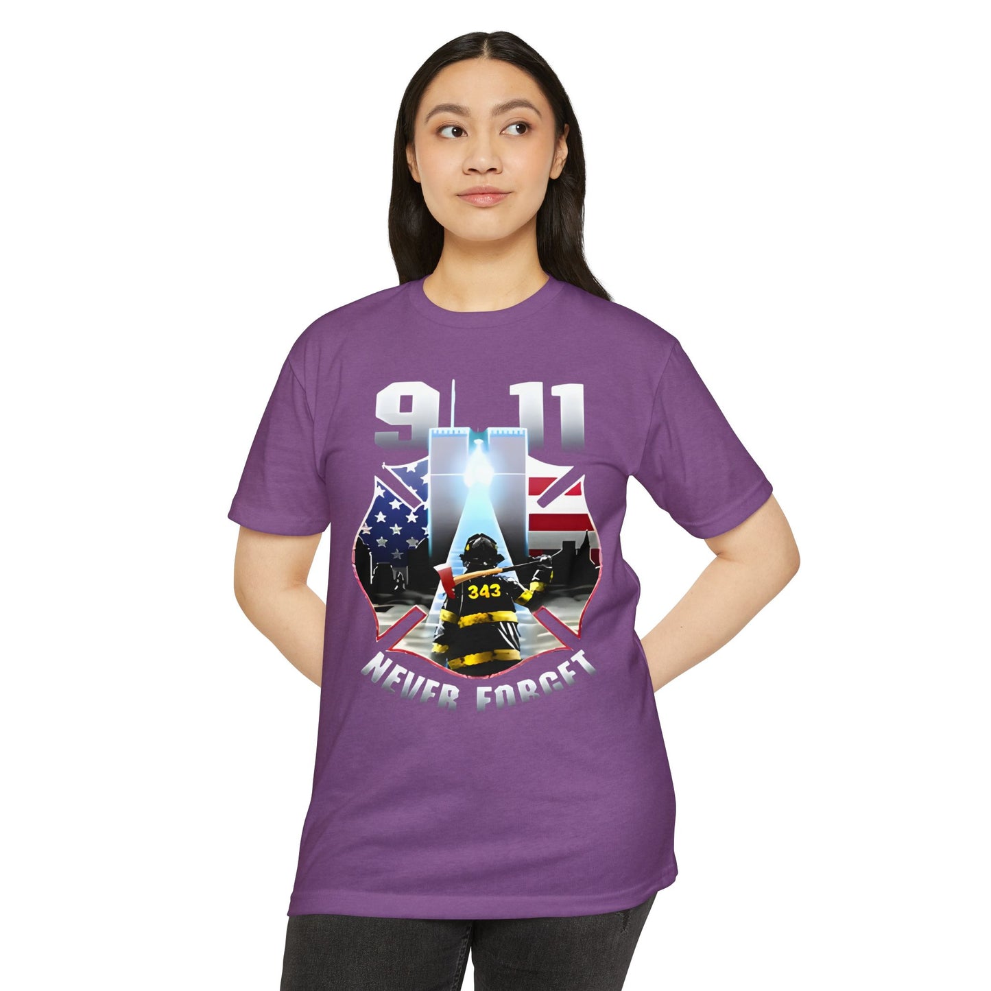 9/11 Never Forget T-Shirt — Firefighter Tribute Tee with Twin Towers & American Flag