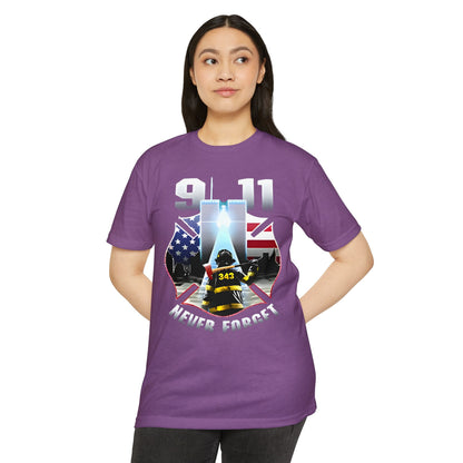 9/11 Never Forget T-Shirt — Firefighter Tribute Tee with Twin Towers & American Flag