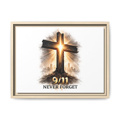 9/11 Never Forget Framed Canvas Wall Art — Memorial Cross Tribute