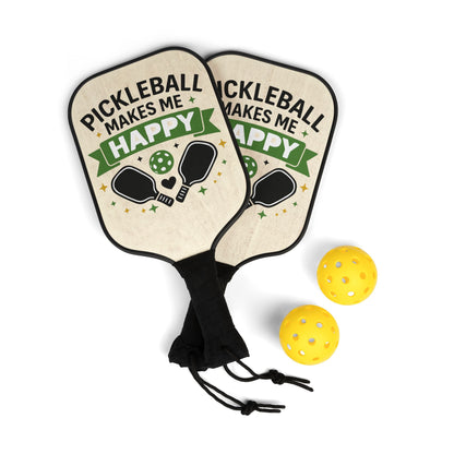 Pickleball Paddle Set – “Pickleball Makes Me Happy” Design (2 Paddles + Balls)