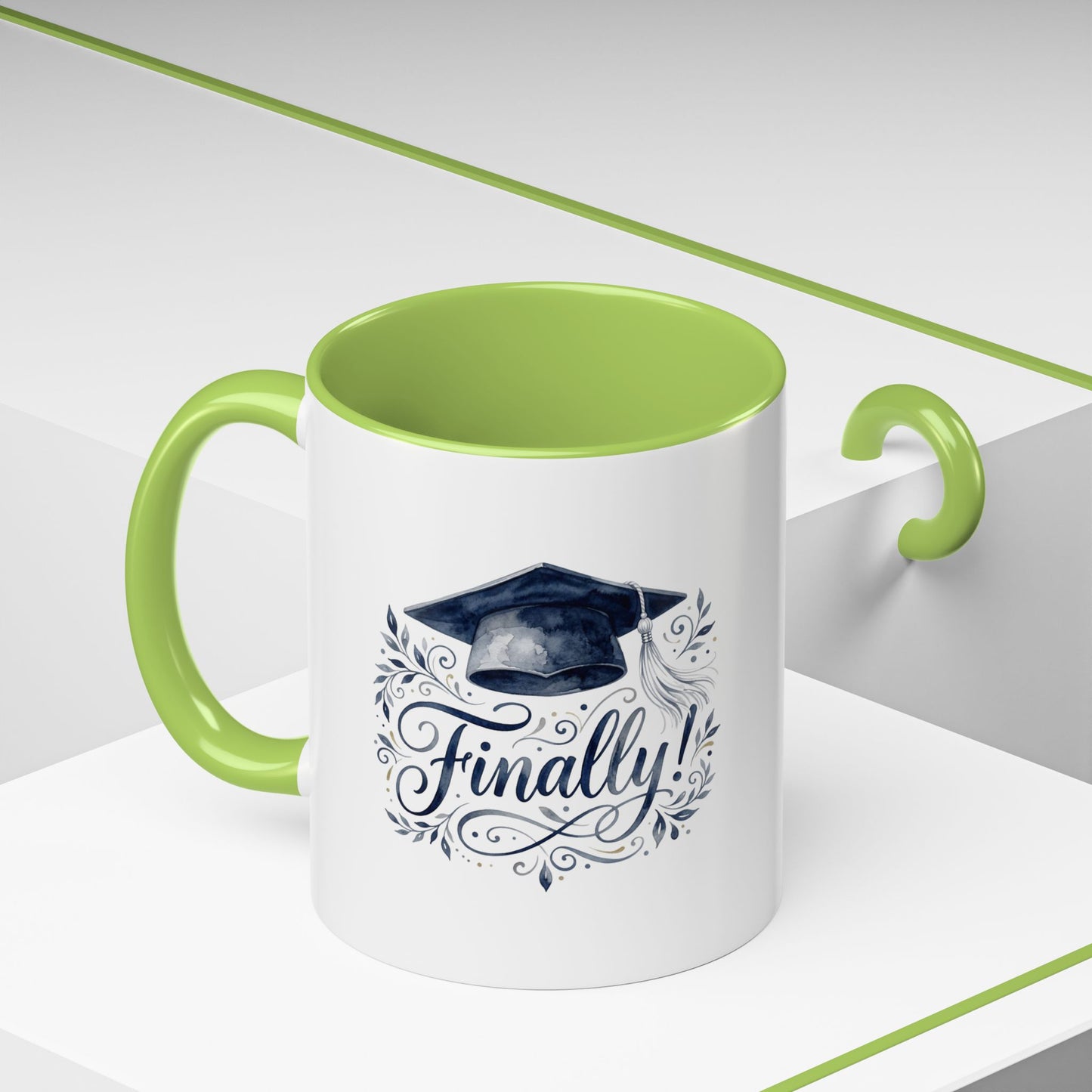 Graduation Coffee Mug — "Finally!" Cap Design (11/15oz)