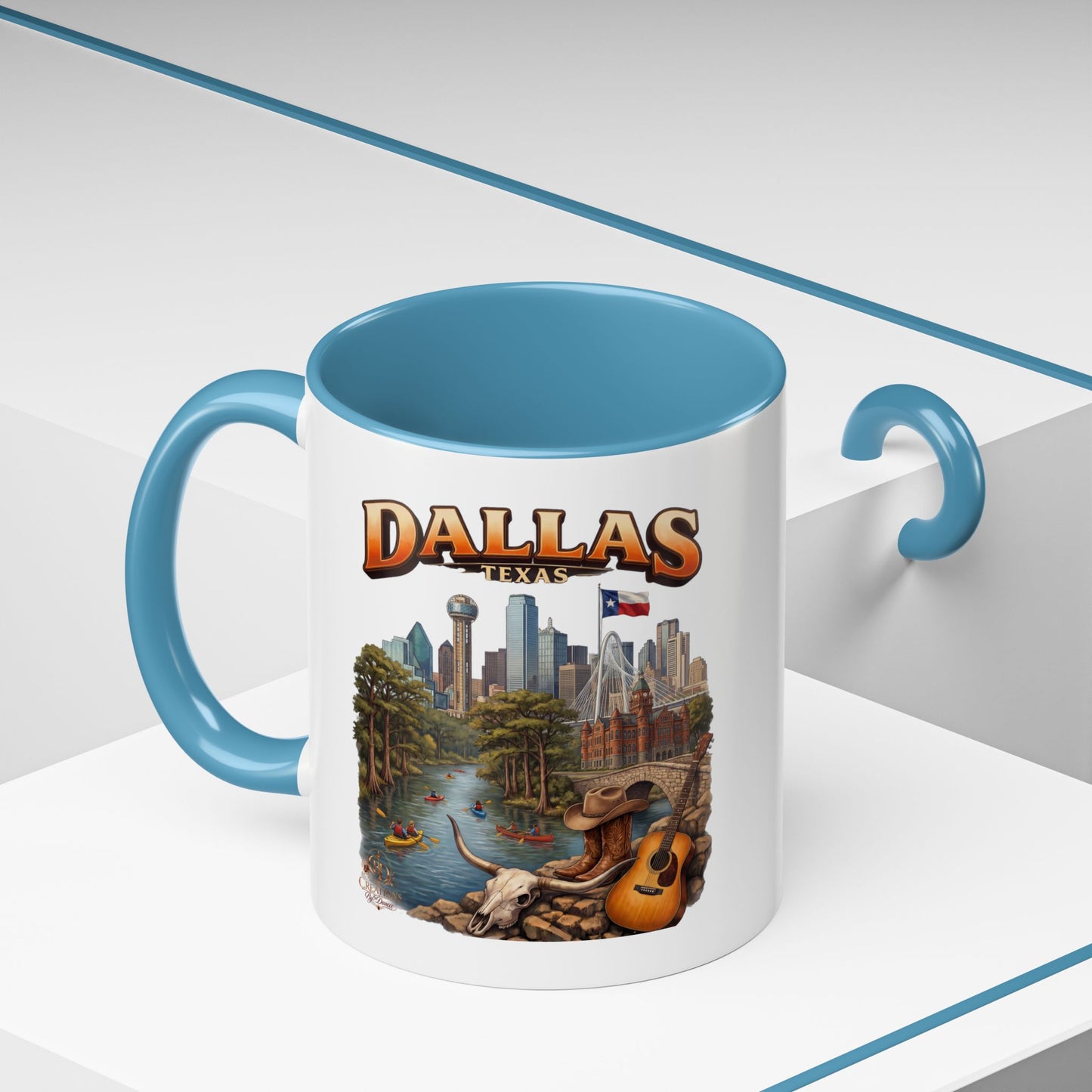Dallas Skyline Accent Coffee Mug — Texas Souvenir Mug with Guitar & Cityscape