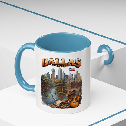 Dallas Skyline Accent Coffee Mug — Texas Souvenir Mug with Guitar & Cityscape