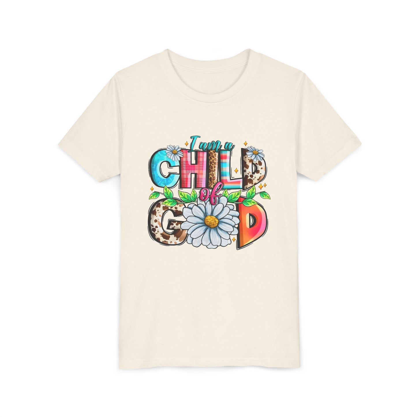Youth Tee — "I Am a Child of God" Floral Christian Graphic