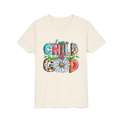 Youth Tee — "I Am a Child of God" Floral Christian Graphic