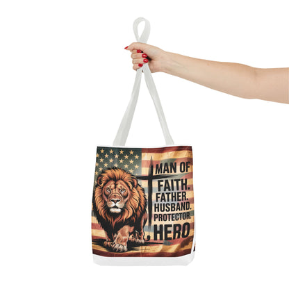 Tote — "Man of Faith, Father, Husband, Protector, Hero" Patriotic Lion Tote