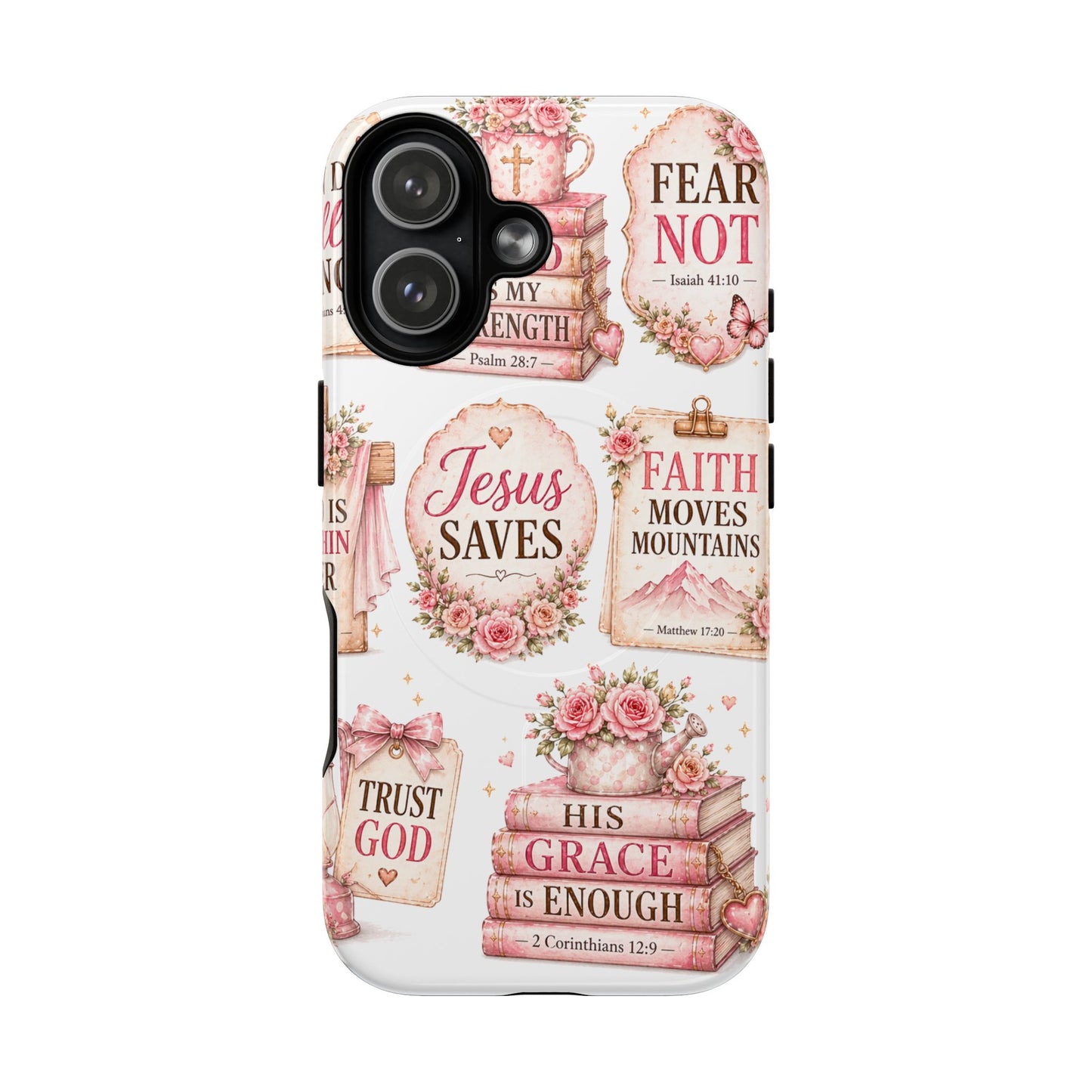 Christian Faith iPhone Tough Magnetic Case — 'Jesus Saves' Floral Scripture Design (Fear Not, Faith Moves Mountains)