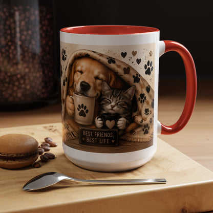 Dog and Cat Coffee Mug – "Best Friends, Best Life" Accent Tea Cup (11/15oz)
