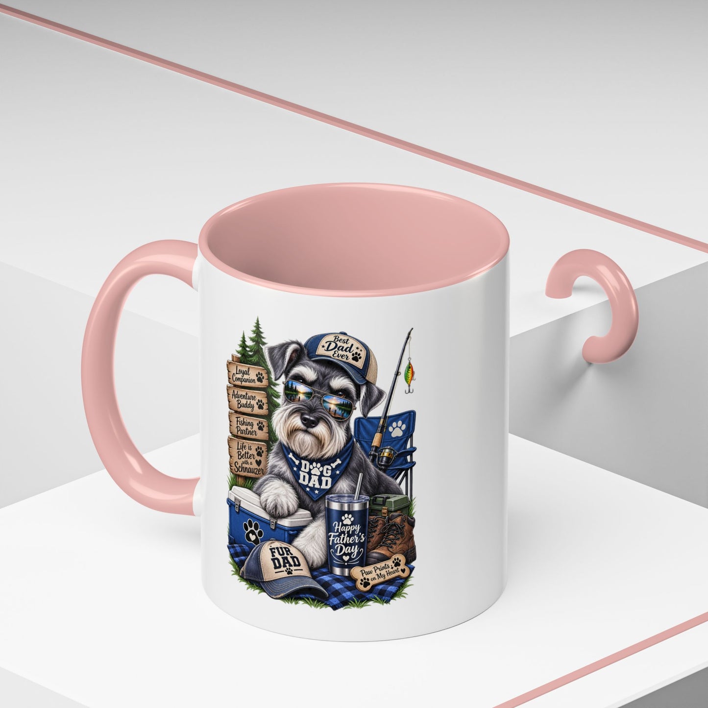 Schnauzer Dad Accent Coffee Mug – "Dog Dad" Camping Paw Print Design (11/15oz)