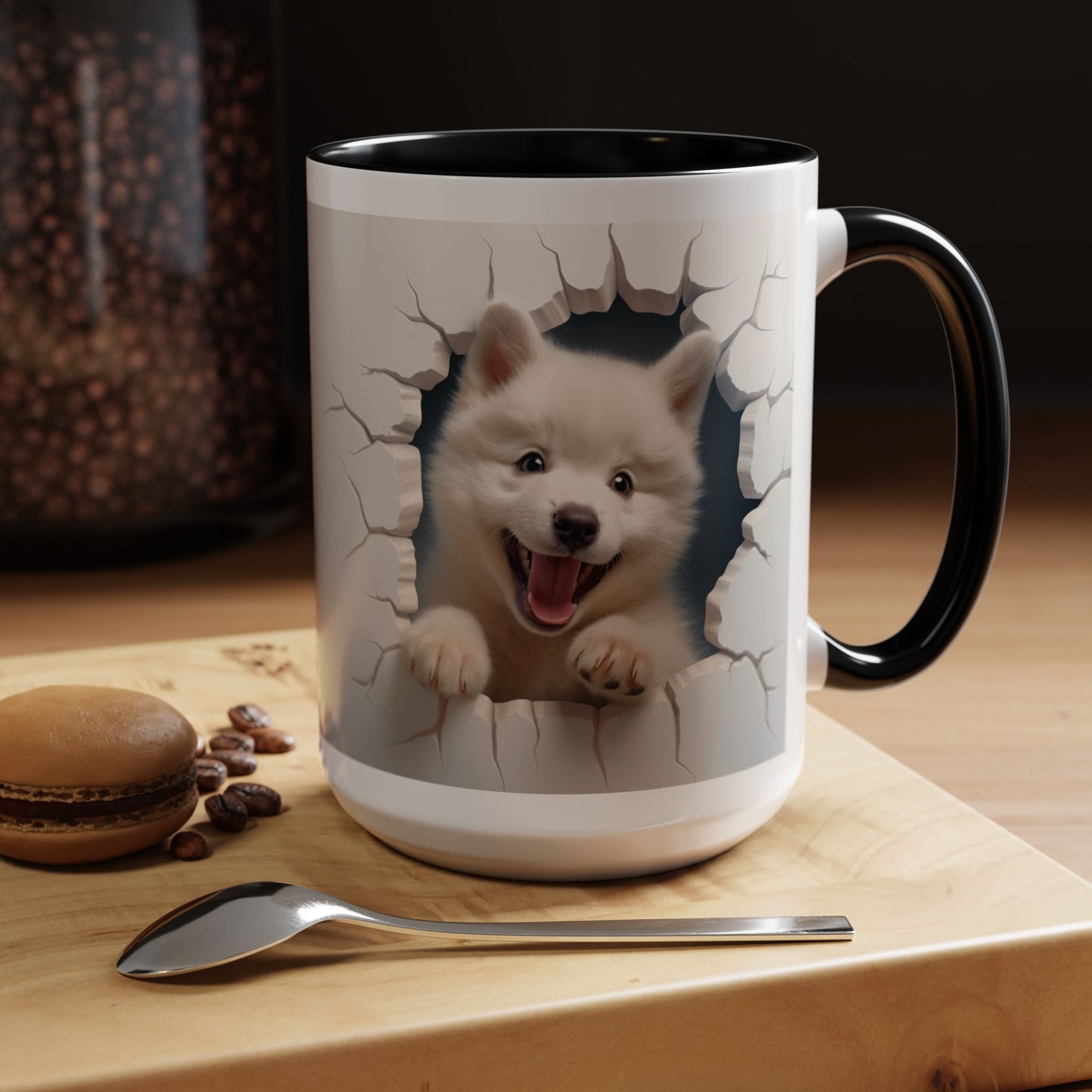 Cute Puppy Breaking Wall Accent Coffee Mug – Funny Smiling Dog Gift (11/15oz)