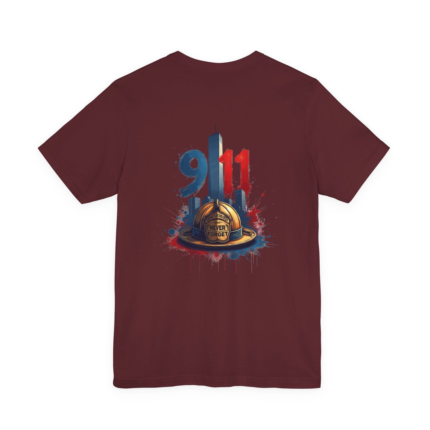 9/11 Firefighter Memorial Tee — Tribute T-Shirt with Helmet & Twin Towers Design