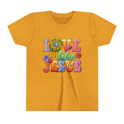 Youth Tee — "Love Like Jesus" Colorful Faith Graphic
