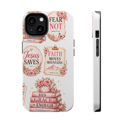 Christian Phone Case - "Fear Not, Faith Moves Mountains, Jesus Saves" Floral Magnetic Impact-Resistant Case